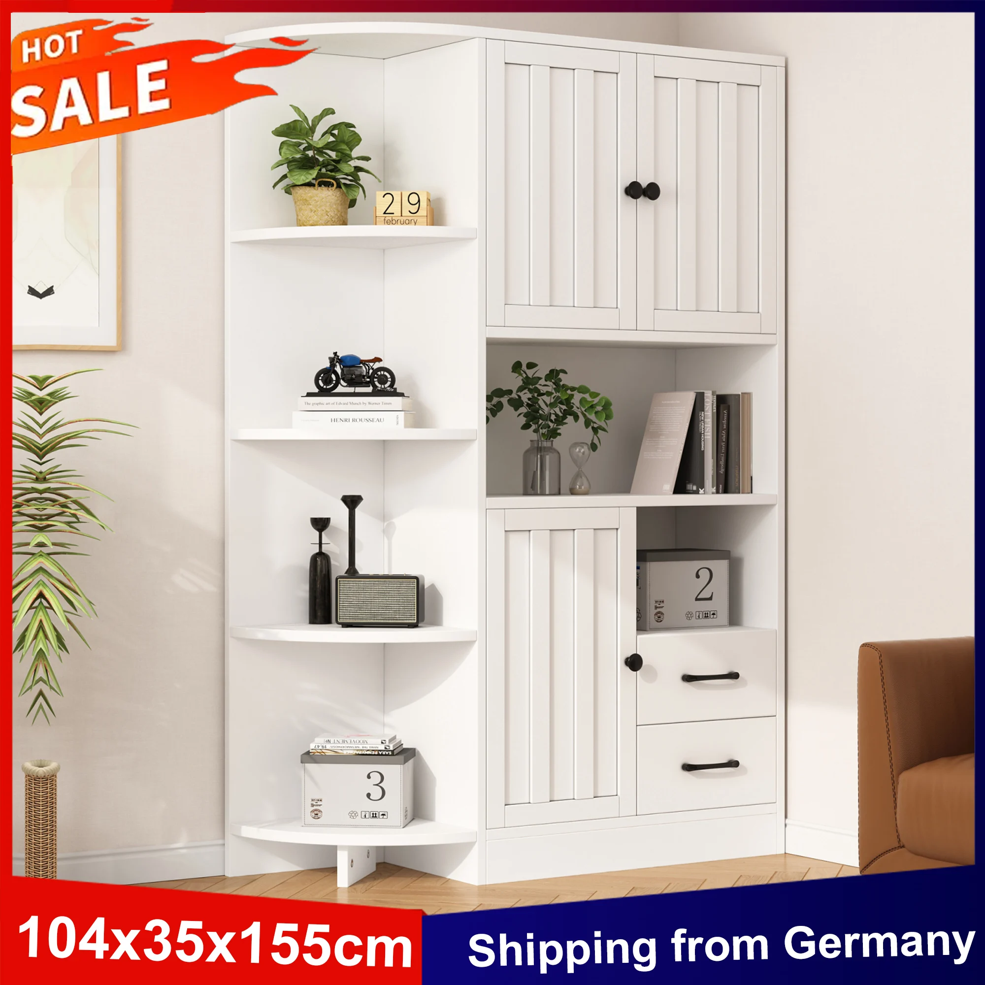 Anajqaqia 104 x 35 x 155 cm Eckvitrine, Bücherregale mit 3 Schränken, 2 Schubladen, Sideboard und Highboard mit 14 Ablageflächen