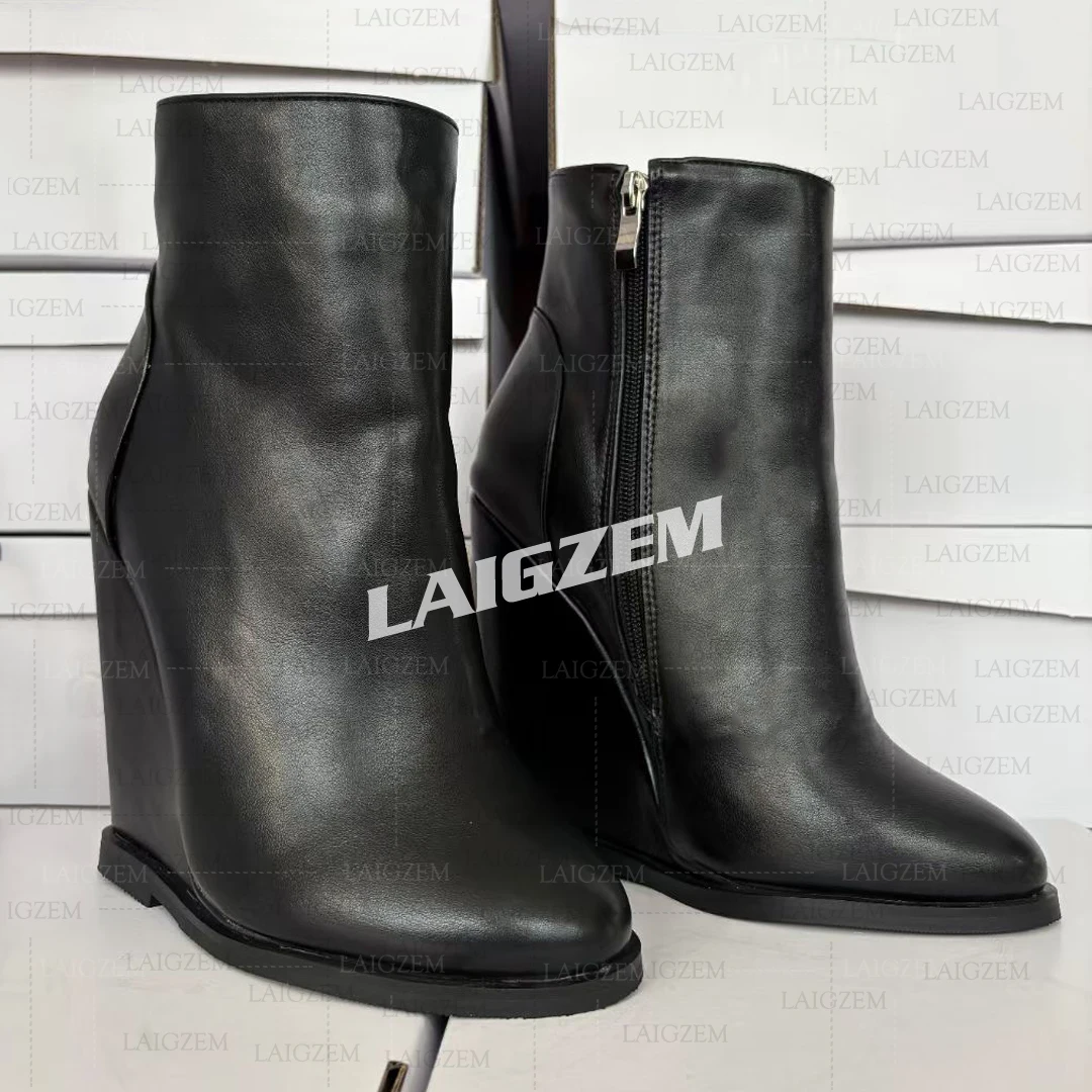 LAIGZEM Damen Stiefeletten mit Keilabsatz, 12–14,5 cm, steile High Heels, Kunstleder, Reißverschluss, runde Zehen, Stiefeletten, Schuhe, Damen, große Größe 42, 50, 52