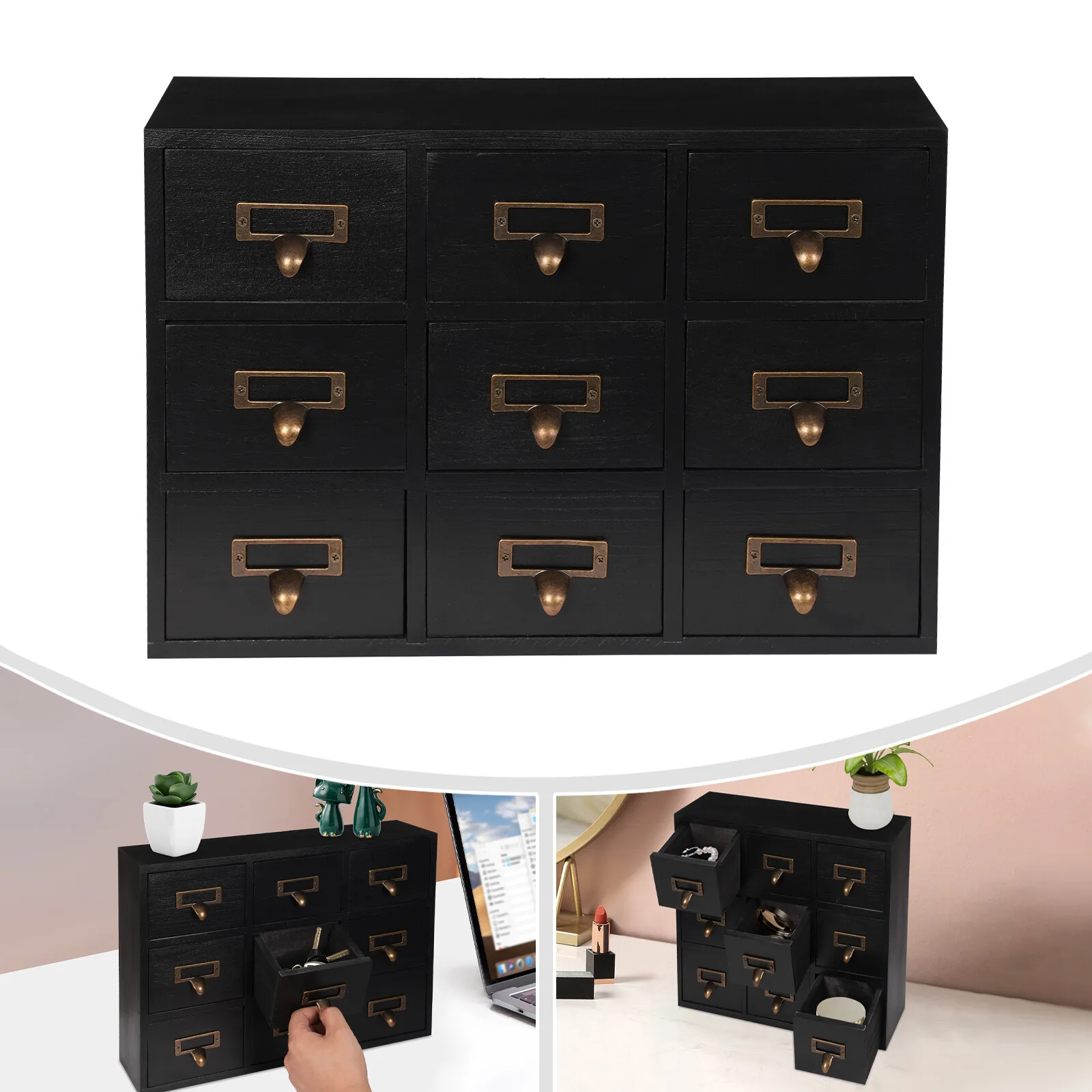 Apothekerschrank mit 9 Schubladen, rustikaler Aufbewahrungsorganisator mit Metallgriffen und Etikettenschlitzen für den Schreibtisch oder die Organisation zu Hause