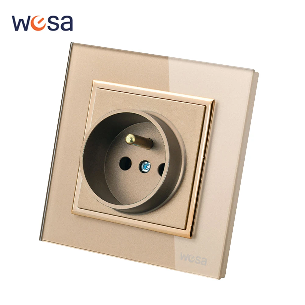 Goldene Glas-250-V-Steckdosen, klassische wandintegrierte Steckdosen, Frankreich-Standard, flammhemmend, mit Bodenfarbe, Plast Image