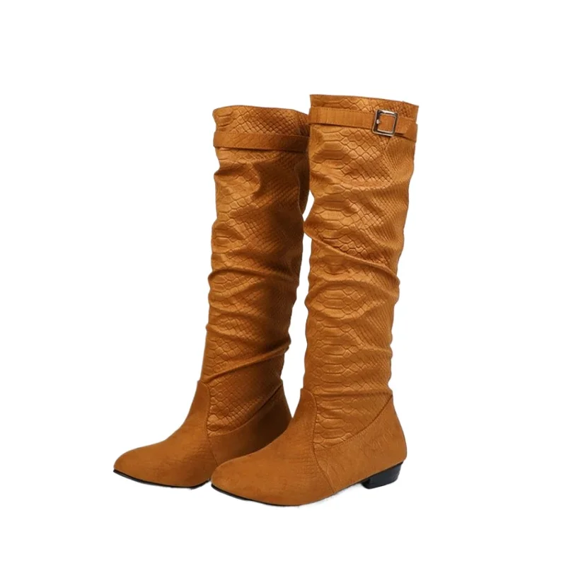 Botas De Mujer Kniehohe Stiefel Frauen Herbst Winter Runde Kappe Niedrigen Ferse Gürtel Schnalle Braun Lange Stiefel Plattform Schuhe Große Größe 44 L8