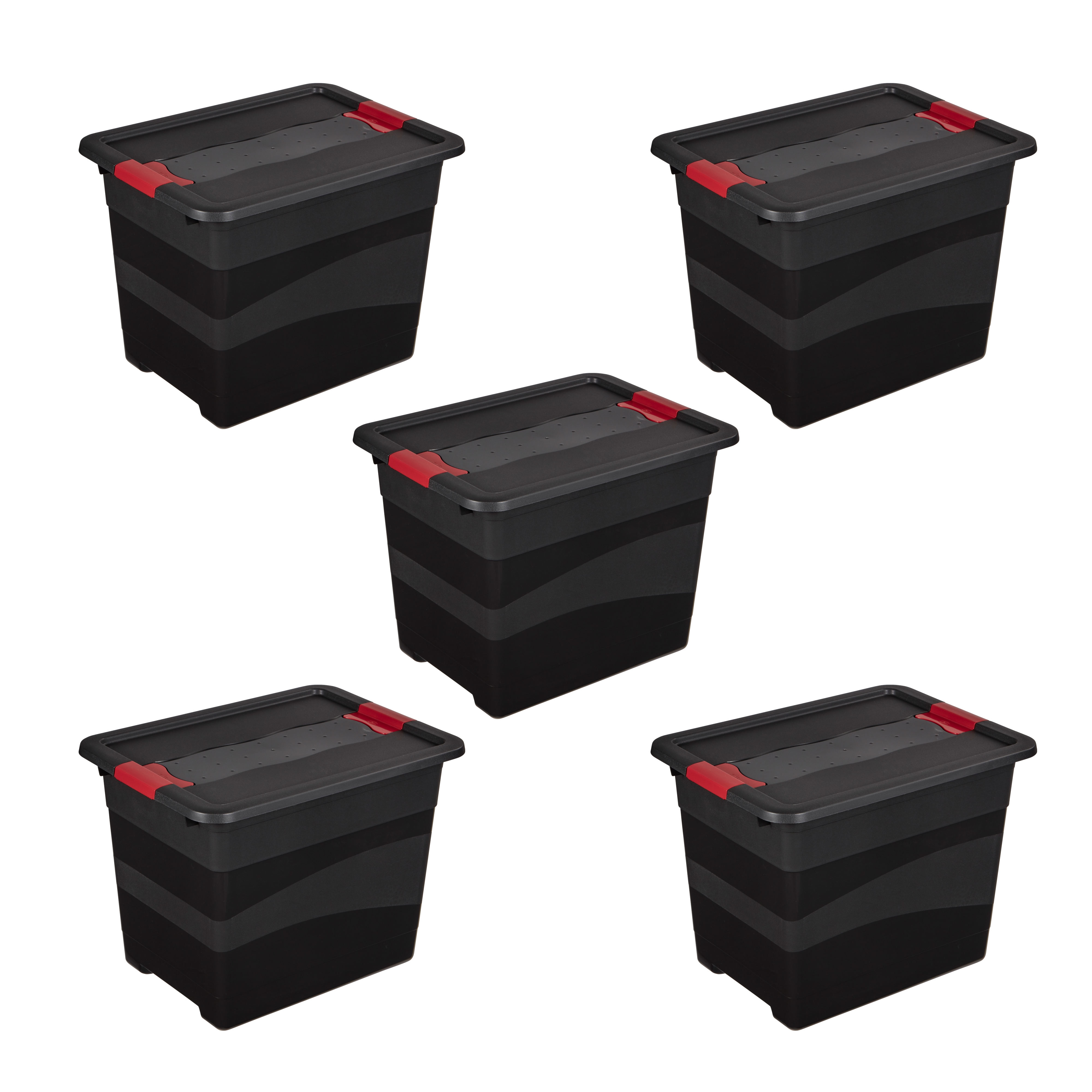 Transportbehälter KEEEPER "eckhart, 5er Set Transporbox, 24 L, 39,5 x 29,5 x 30 cm", schwarz, rot, B:29,5cm H:30cm L:39,5cm, Kunststoff, Transportboxen, seitl. Clips, Griffe am Boden, stoßfeste Seitenwände, robuster Deckel