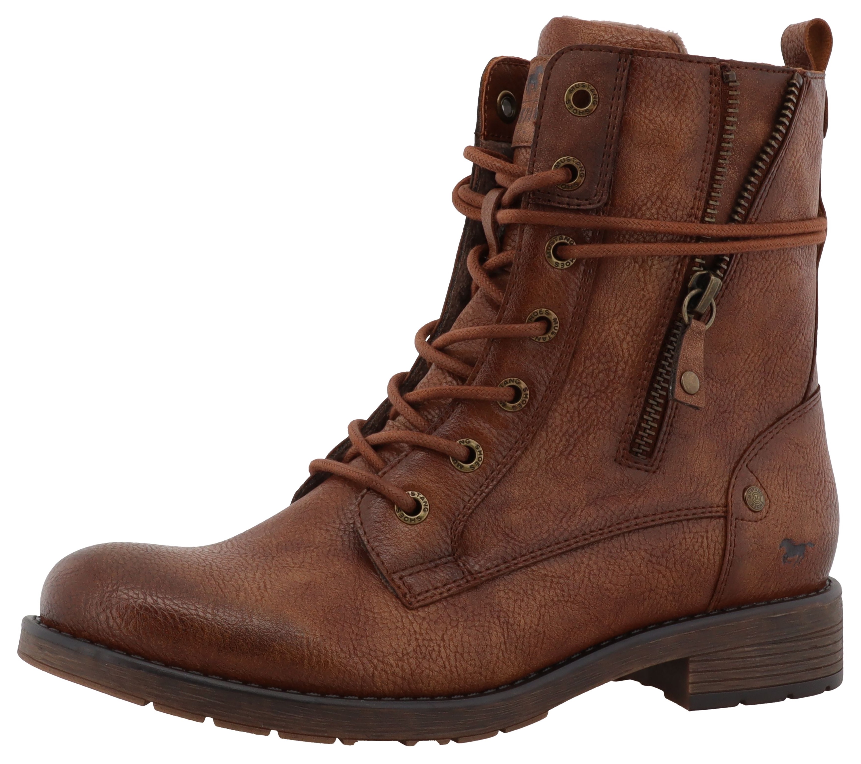 Winterstiefelette MUSTANG SHOES "Elfi", Damen, Gr. 37, braun (cognac), Lederimitat, used, Schuhe Winterstiefelette, Winterstiefel mit Reißverschluss und markanter Schnürung