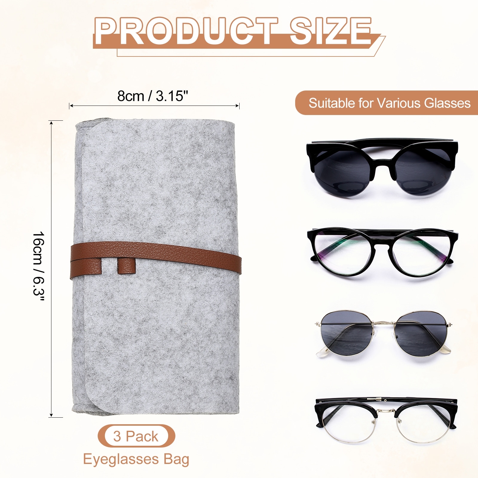 Portable Felt Glasses Case, Soft Slip-in Pouch Case, Leather Cord Eyeglasses Bag Sunglasses Storage Pouch for Men - 6.3 inch