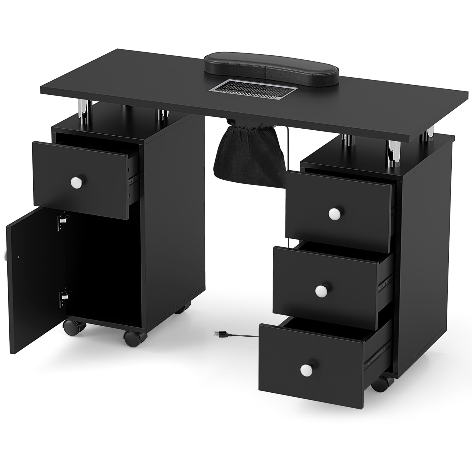 Nail table featuring electric dust collector and lockable wheels