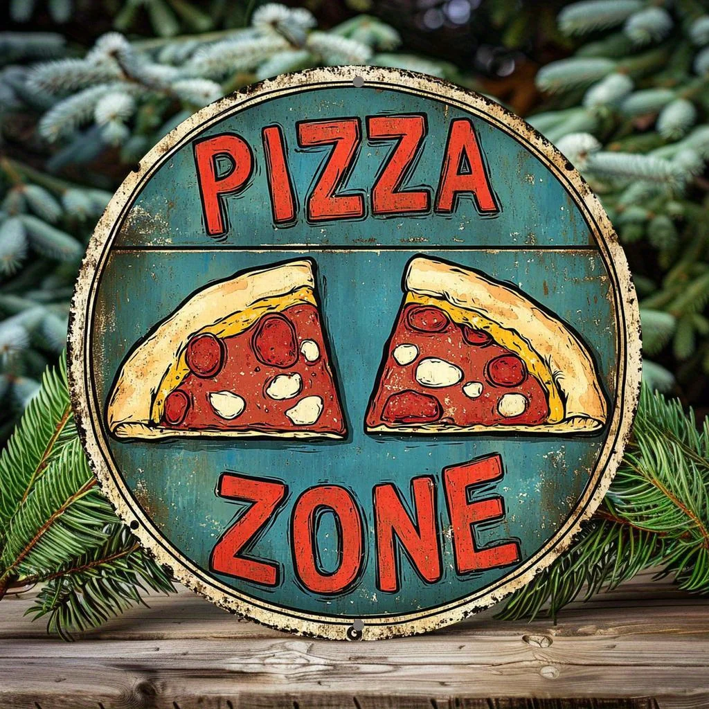 1 Stück, Vintage-Pizzazone-Aluminiumschild, 20,32 x 20,32 cm, 2D-Flachdruck, runde Wandkunst, keine Strom erforderlich, für Bar, Küche, Zuhause, Büro Image