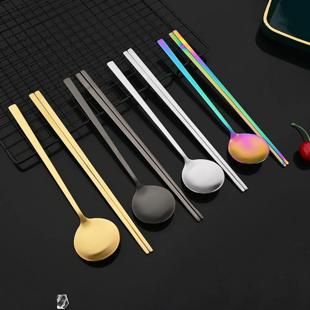 Edelstahl Matte Besteck Set Sushi Sticks Abendessen Löffel Set 8Pcs Geschirr Koreanische Stäbchen Dessert Löffel Besteck Set Image