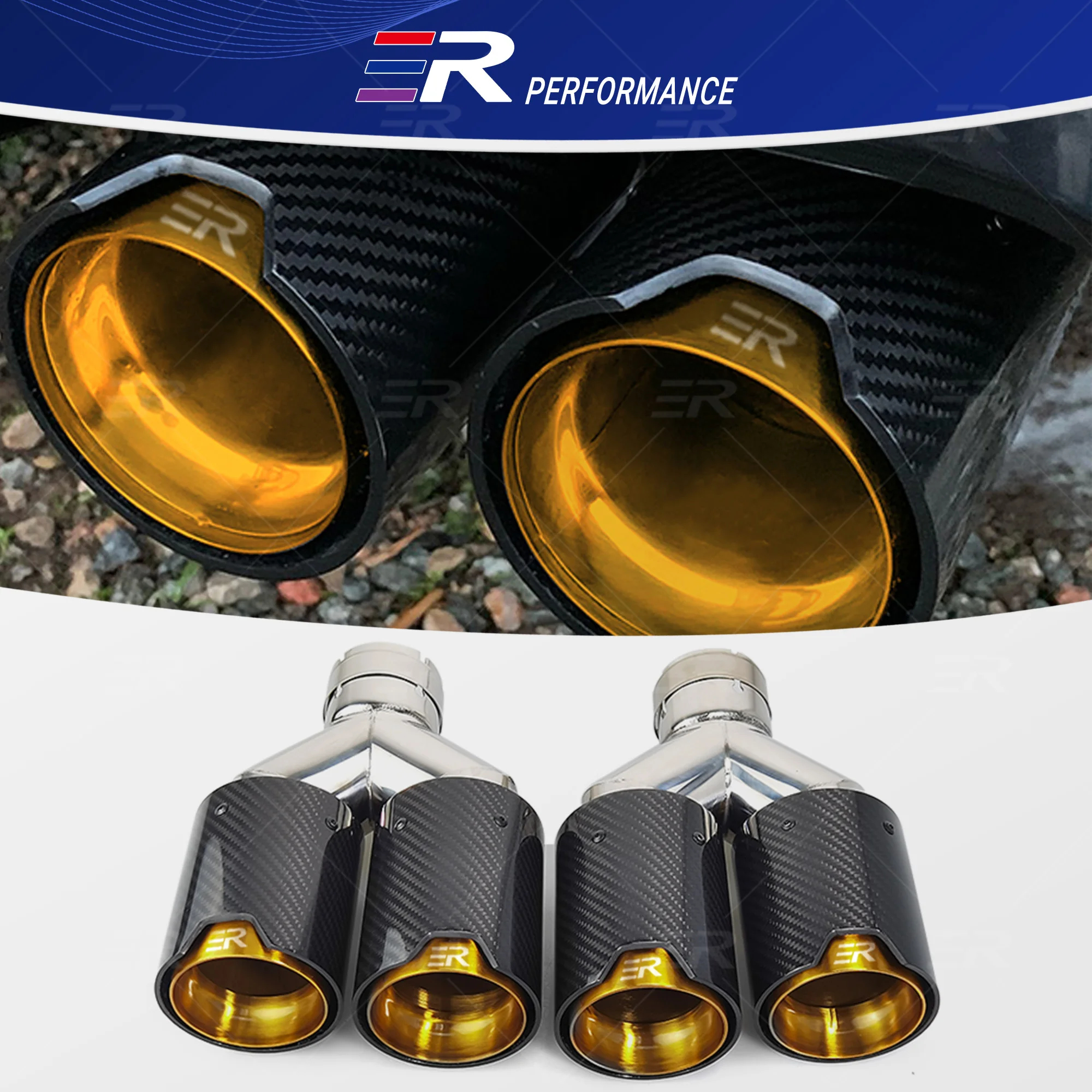 1PCS ER Real Carbon Fiber Auspuff Spitze Gold edelstahl Auto zubehör Dual Exit Schalldämpfer rohr Auto Dekorative für BMW Ändern Image
