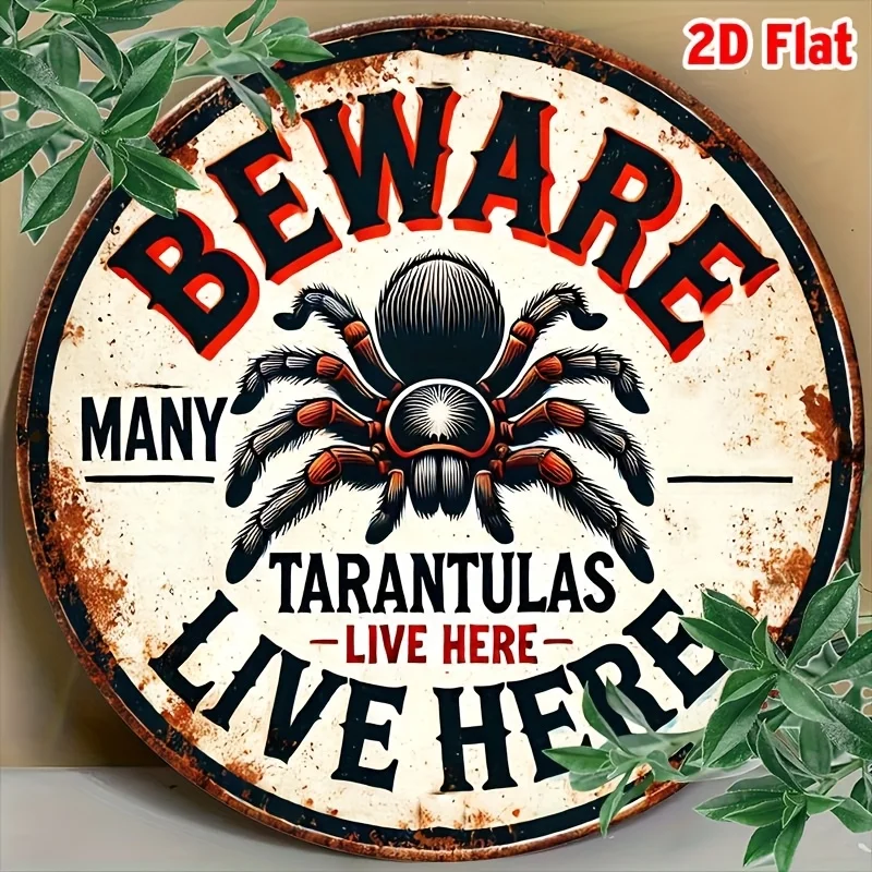 2D Flat – 1 Stück Vintage-Wandkunstschild aus Aluminium „Beware of Tarantulas“, 20,3 x 20,3 cm rund, rustikales rotes und schwarzes Design, einfach aufzuhängen, Du