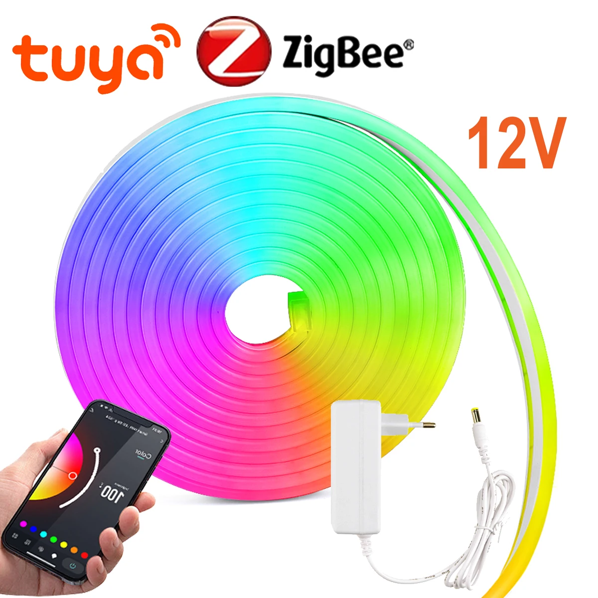 DC12V 1M 2M 3M 4M 5M RGB Neon LED Strip Ligts con Zigbee 3.0 Smart Wifi Controller Tuya Switch Decorazione della casa Gel di silice -EU