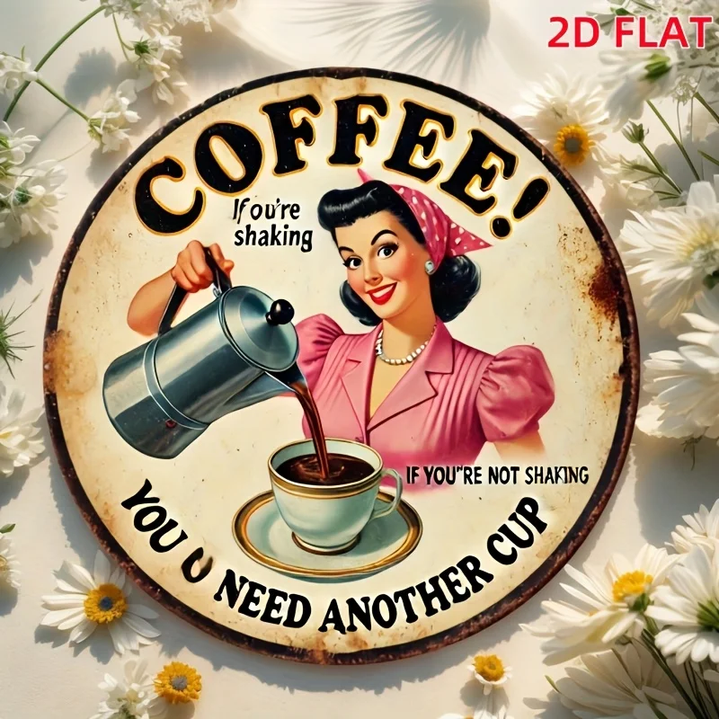 2D Flat – flache 2D-Wandkunst aus Metall im Vintage-Kaffee-Stil – rundes Dekor im Retro-Stil mit fröhlichem Barista-Design, perfekt für Zuhause Image