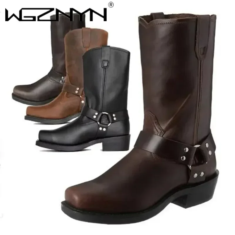 Luxus Retro Cowboy Stiefel Männer Mittlere Waden Western Boot Männer Pu Leder Mann Slip Auf Schuhe Winter Ritter Stiefel Booties Plus größe 39-48