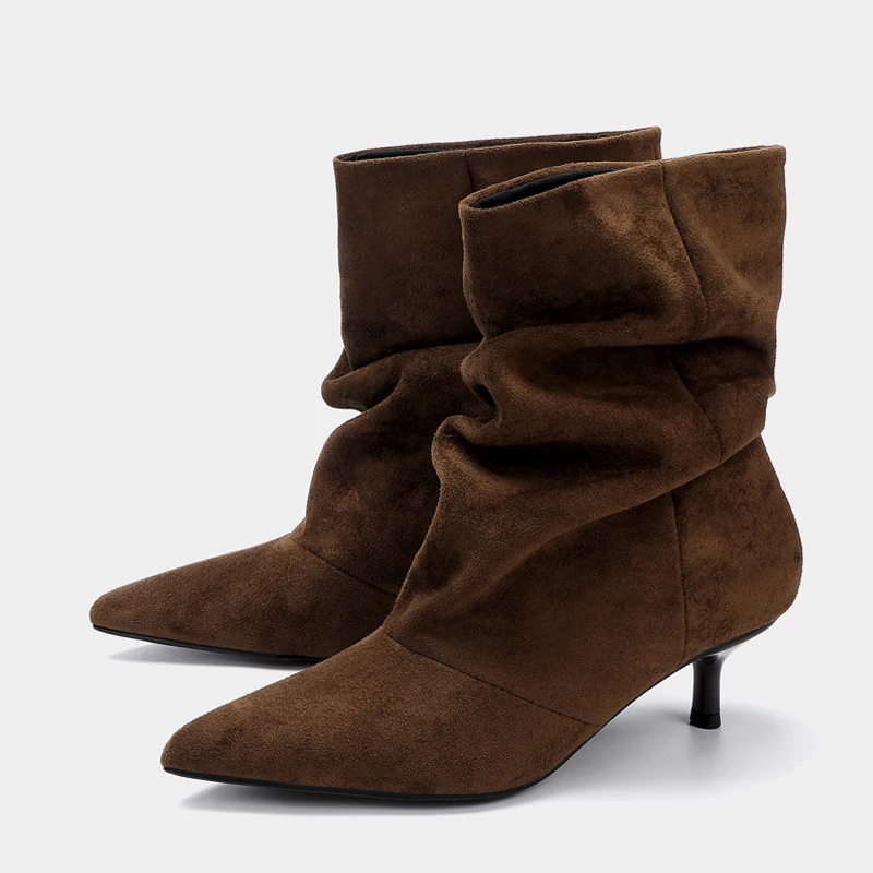 Liyke Designer Plissee Wild Ankle Stiefel Für Frauen Winter Straße Vintage Spitz Dünne Low Heels Runway Schuhe Braun Booties