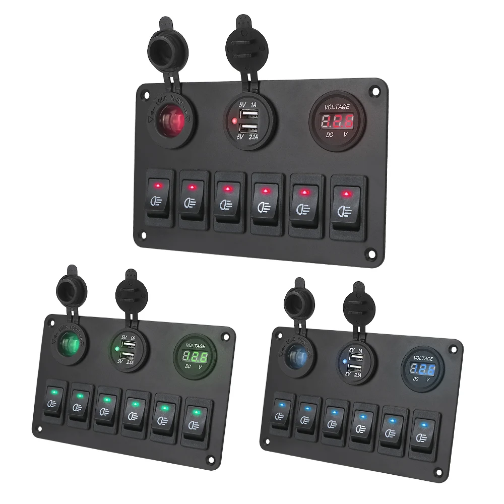 Panneau d'interrupteur à bascule à 6 gangs, pour camping-car, voiture, disjoncteur marin, voltmètre numérique LED, Ports USB, lumières marche/arrêt, DC 12V/24V