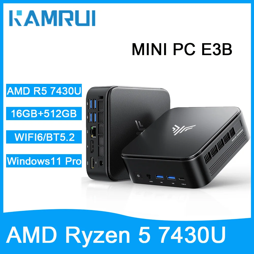 KAMRUI Mini-PC AMD Ryzen 5 7430U bis zu 4,3 GHz 16 GB DDR4 512 M.2 SSD Wifi6 BT5.2 Win11 PRO AMD Radeon Graphics 4K Triple Display Image