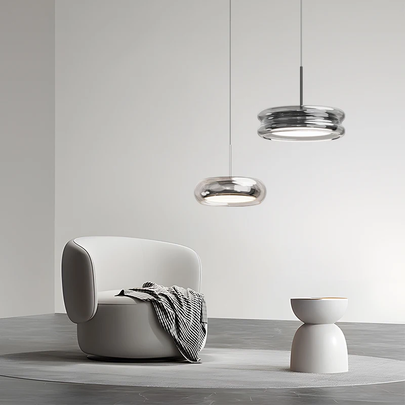 LED-Pendelleuchte aus glänzendem Glas für Esszimmer, Restaurant, Küche, Schlafzimmer, Nachttischlampe, Chrom, rauchgrau, zum Aufhängen Image