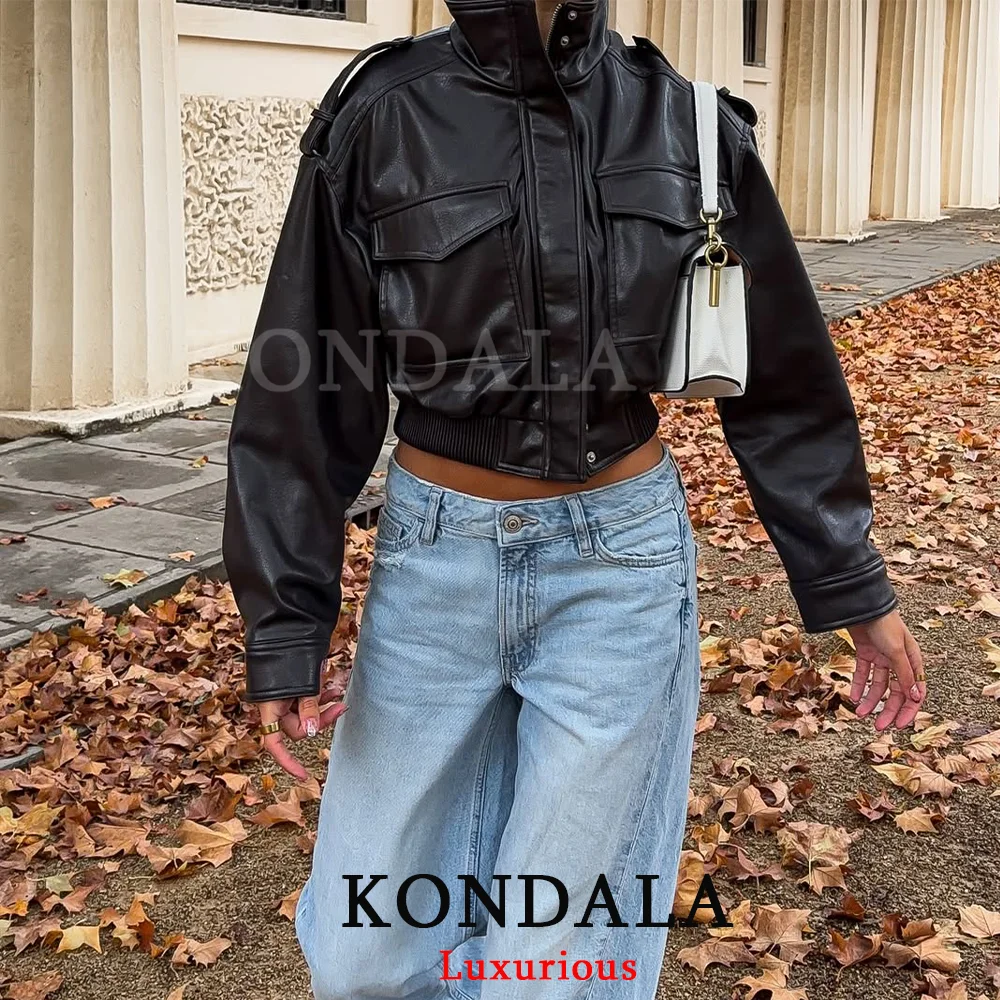 KONDALA Casual Chic Schwarz Leder Bomber Jacken Frauen Langarm Taschen Zipper Tasten Mantel Mode 2025, Herbst Winter Jacke