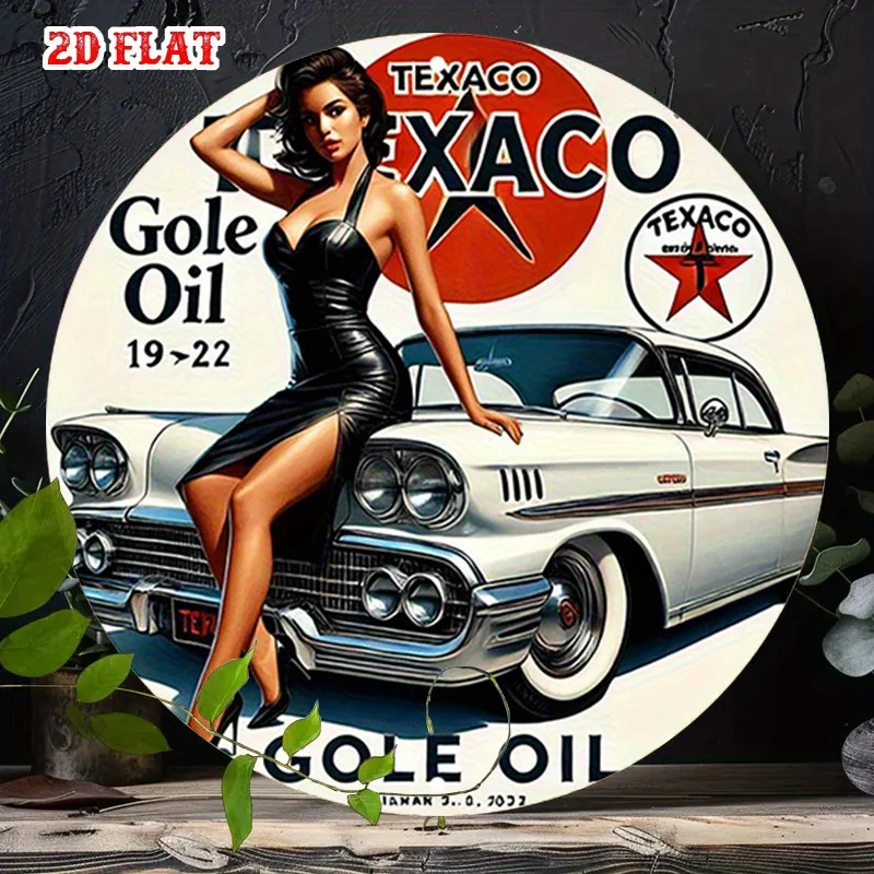 1 Stück Vintage Texaco Logo Rundes Aluminiumschild – Retro-Auto- und Pin-Up-Girl-Metallwandkunst, rustikales Garagendekor, 7,87 x 7,87 Zoll Weathe Image