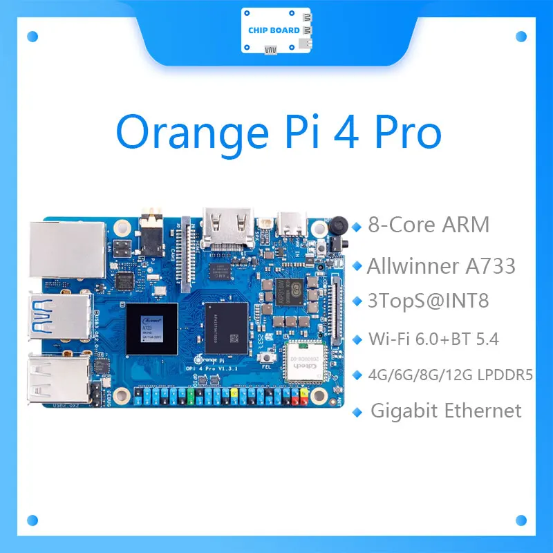 Orange Pi 4 Pro LPDDR5 RAM Single Board Computer, Gigabit ,3 Tops NPU, M.2 M-Key Slot, Dual Camera MIPI CSI SBC, Mini PC
