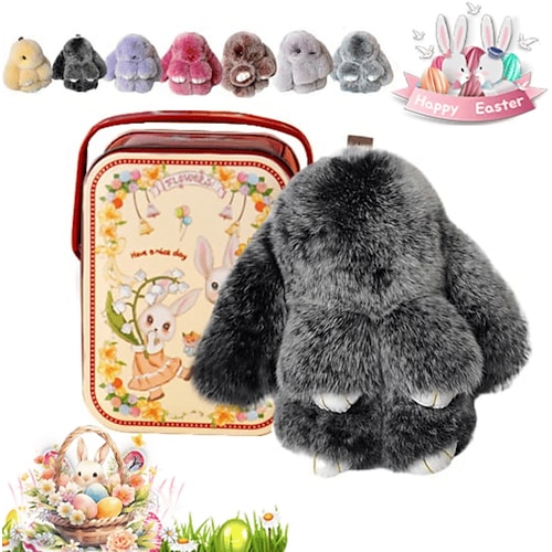 Oster-Schlüsselanhänger mit weichem Hasenmotiv und Dose, handgefertigter, weicher Hasen-Pompon-Anhänger, Plüsch-Schlüsselanhänger, Weihnachtsgeschenk für Rucksack, Taschenanhänger, Geschenk, Schlüsselanhänger Image