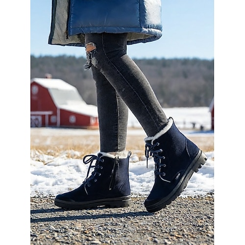 Damen-Winterstiefel in Weinrot mit Schnürung – warme, fleecegefütterte Stiefeletten, rutschfeste Outdoor-Schuhe für Weihnachten, Schnee und den Alltag Image