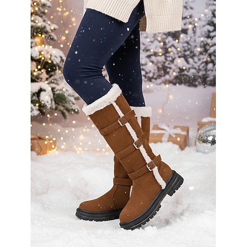 Braune, pelzgefütterte Damen-Kniestiefel – Winterstiefel mit Schnallenriemen, warmes Outdoor-Schuhwerk für kaltes Wetter Image