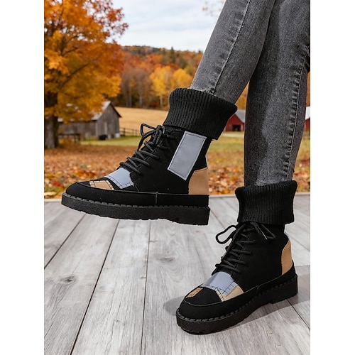 Damen-Winterstiefel mit Patchwork-Muster, Schnürung und warmem Futter – bequeme Freizeitschuhe für draußen, rutschfeste Sohle, ideal für Alltag, Wandern, Reisen und kaltes Wetter Image