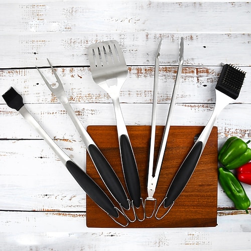 5-teiliges Grillbesteck-Set, hochwertiges Grillzubehör aus Edelstahl, Grillwerkzeuge und BBQ-Zubehör für das Grillen im Freien Image