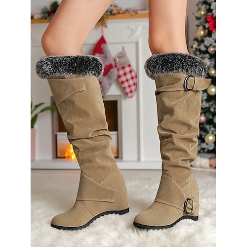 Burgunderrote Damenstiefel aus Kunstwildleder mit Fellfutter – warme, kniehohe Winterstiefel mit Schnallenriemen und weichem Futter, kuschelige Weihnachtsschuhe für kaltes Wetter Image