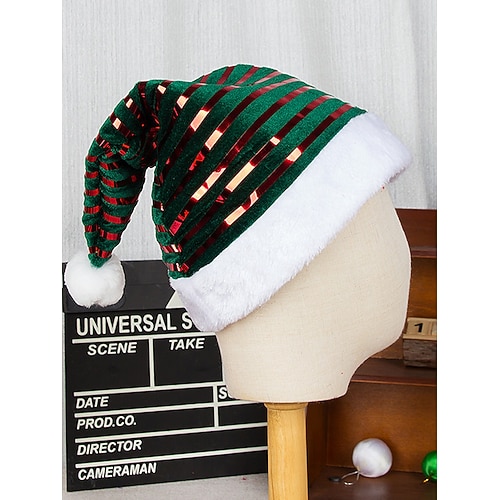 Weihnachtlicher Samthut für Damen mit Streifenmuster – aus Polyester, festliche rote und grüne Streifen mit weißem Bommel, perfekt für Weihnachtsfeiern und festliche Anlässe. Image