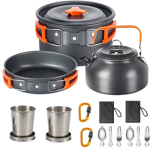 Outdoor-Camping-Kochgeschirr-Set mit Karabinerhaken, Reisegeschirr, Besteck und Küchenutensilien, ideal für Wanderungen und Picknicks, für 2-3 Personen Image