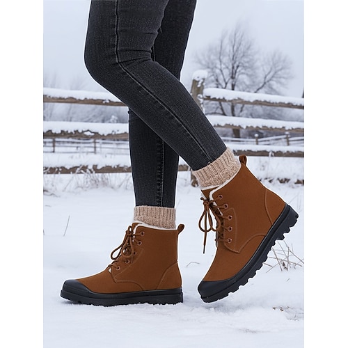 Damen-Winterstiefel in Weinrot mit Schnürung – warme, fleecegefütterte Stiefeletten, rutschfeste Outdoor-Schuhe für Weihnachten, Schnee und den Alltag Image