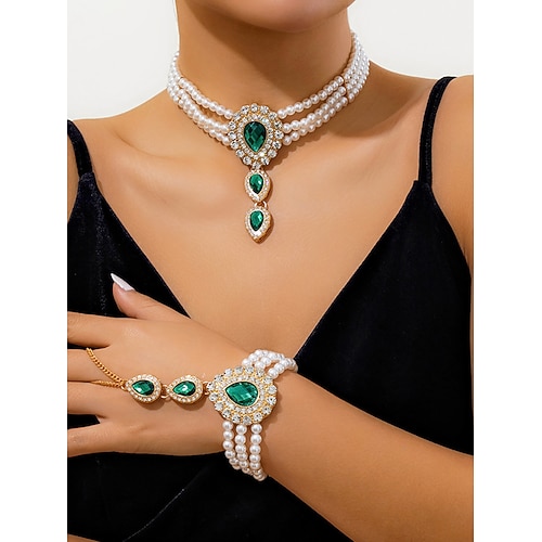 Schmuckset für Damen mit Perlen und Smaragden – elegante Strass-Halskette und Armband für Gesellschaftstänze, Abschlussball oder Abendveranstaltungen Image