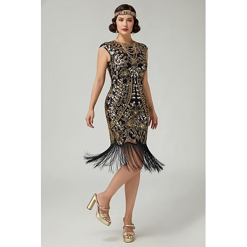 Retro Vintage Goldene Zwanziger 1920er Knielang Flapper Kleid Cap-Ärmel Der große Gatsby Pailletten Fransen Rundausschnitt Kostüm Damen Weihnachten Karneval Maskerade Retro-Mottoparty Charleston-Tanz Image