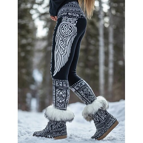 Vikinger Boho Leggings für Frauen Urlaub Vintage Ethno-Stil Lange Hohe Taille Grafisches Abstrakt 3D-Druck Schnelltrocknend Atmungsaktiv Weich Dehnbar Formal Outdoor Urlaub Schwarz Herbst Winter Slim Image