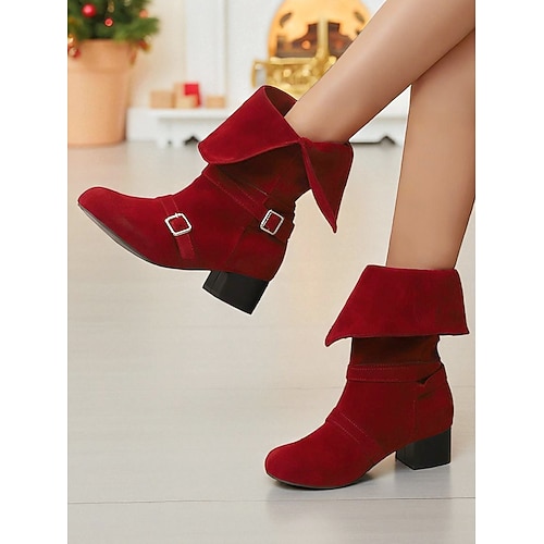 Grüne Damenstiefel mit Schnalle, mittelhoch – Retro-Weihnachtsstiefel im Elfenstil mit umklappbarem Schaft, Vintage-Festtagsmode für Winterpartys Image