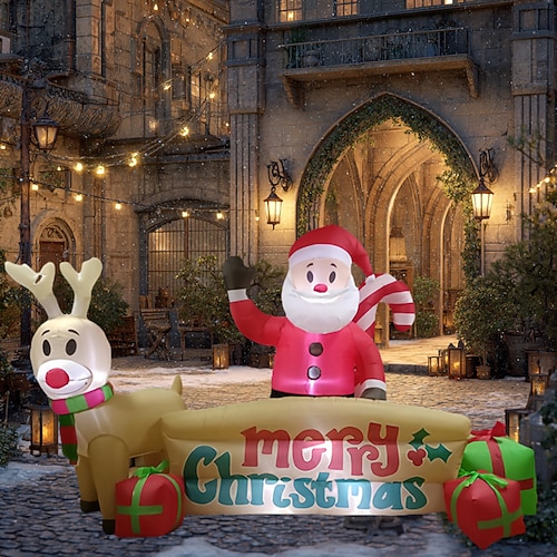 3,0 m Weihnachtsaufblasbarer Frohe Weihnachten Schild mit Santa Rentier Lebkuchenmann LED beleuchtet Außendekoration für Garten Rasen Winterdekoration Image