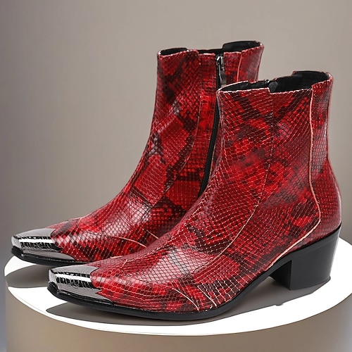Rote Herren-Ankle-Boots aus Leder mit Schlangenmuster – bequemer Blockabsatz mit Nietenbesatz, ideal für Weihnachtsfeiern und Partys Image