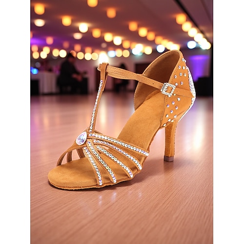 Lateinamerikanische Tanzschuhe für Damen mit Strassverzierungen – professionelle Salsa-Tango-Schuhe mit T-Riemen für Auftritte und Wettbewerbe Image