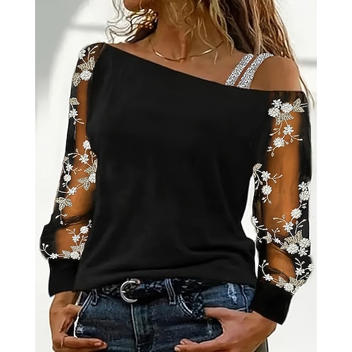 Damen Bluse Patchwork Grafik Vintage Stilvoll Sexy Langarm Asymmetrisch Normale Oberteile Täglich Ferien Ausgehen Schwarz Himmelblau Sommer Frühling Herbst Winter Image