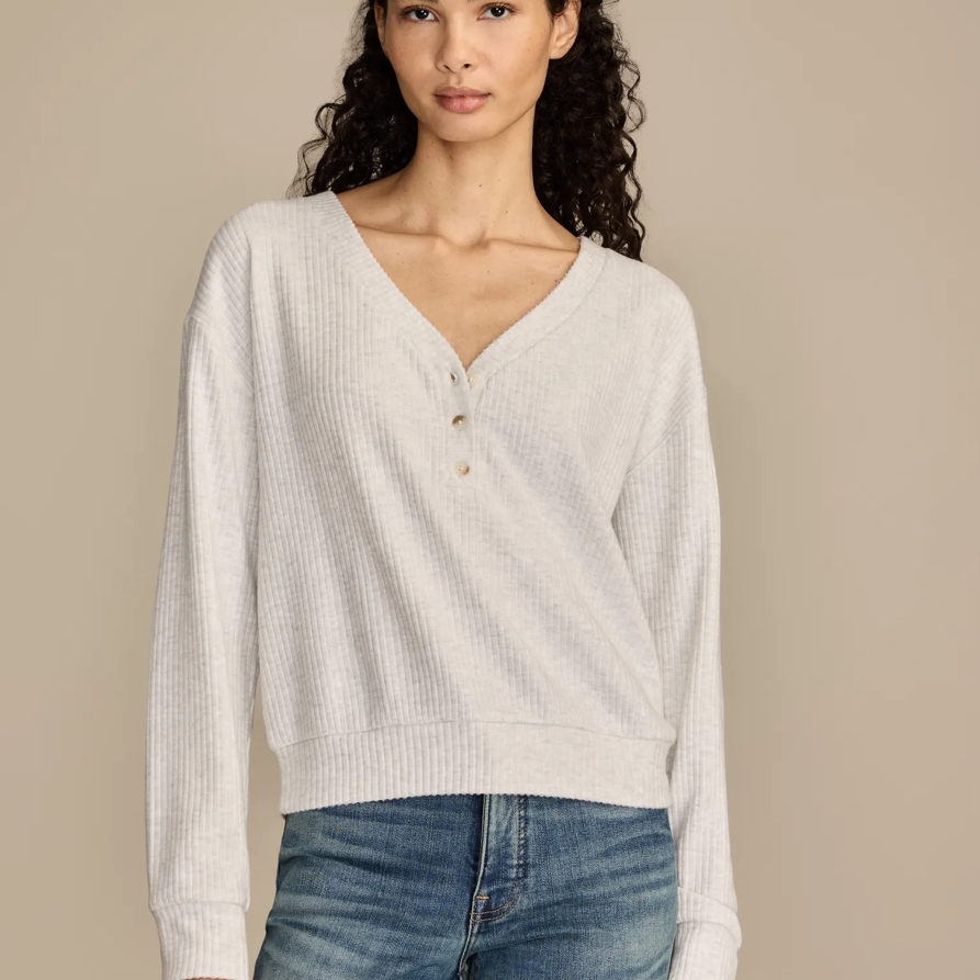 Lucky Brand Cloud V Neck Henley - Women's Clothing Tops Tees Henley Shirt in Light Heather Grey, Size M