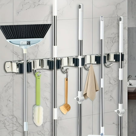 5 Racks and 4 Hooks Mop and Broom Holder Wall Mount Broom Organizer Storage Tool Racks Stainless Steel Heavy Duty Hooks Self Adhesive Solid Non-slip for Home Kitchen Garden Laundry Garage