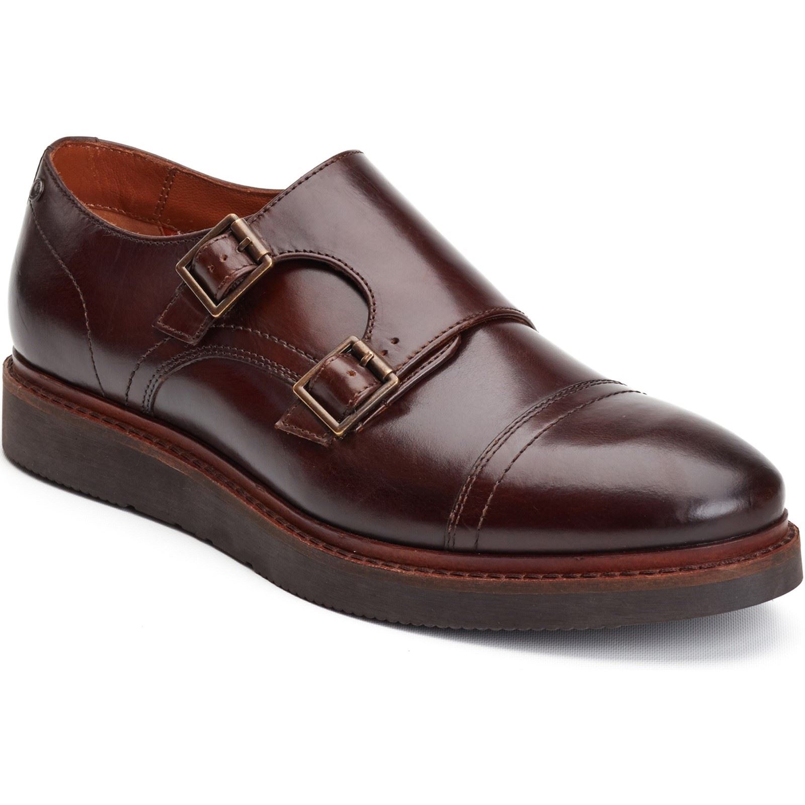 Base London Knight Leder Herren doppelte Monk Schuhe in verbranntem Braun