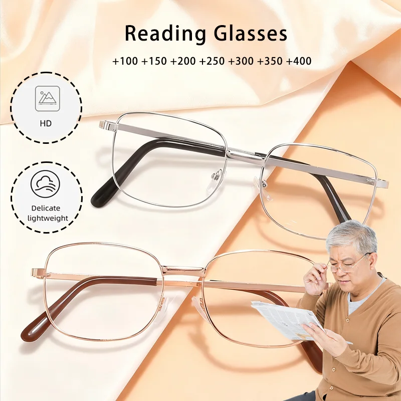 Klassische Lesebrille mit quadratischem Metallrahmen, modisch, HD, hochwertig, Anti-Ermüdung, tragbar, Presbyopie, Dioptrien +1,0 bis +4,0 Image