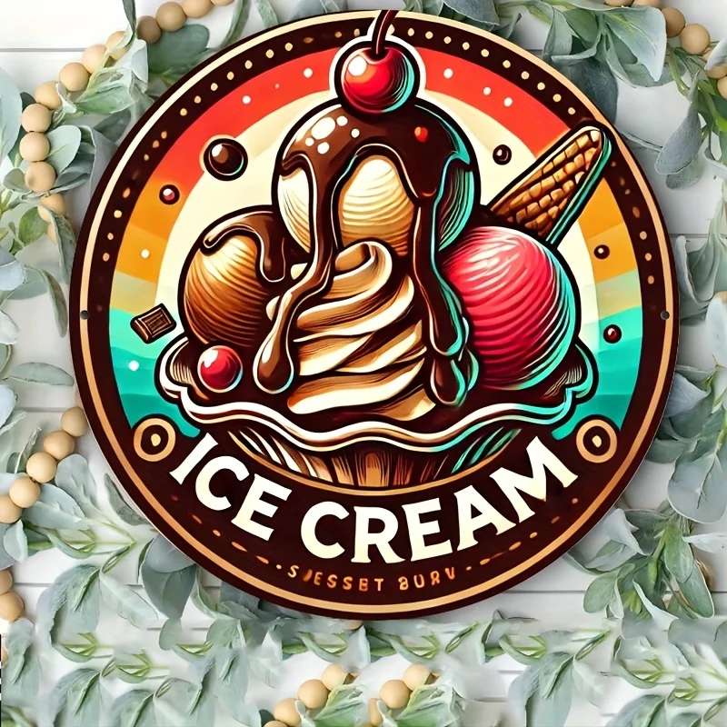 1 Stück 20,3 x 20,3 cm großes Retro-Eis-Metall-Wandkunstschild – Vintage-Aluminium-Dekor mit buntem Eisbecher-Design – einfach aufzuhängen, langlebig und Image