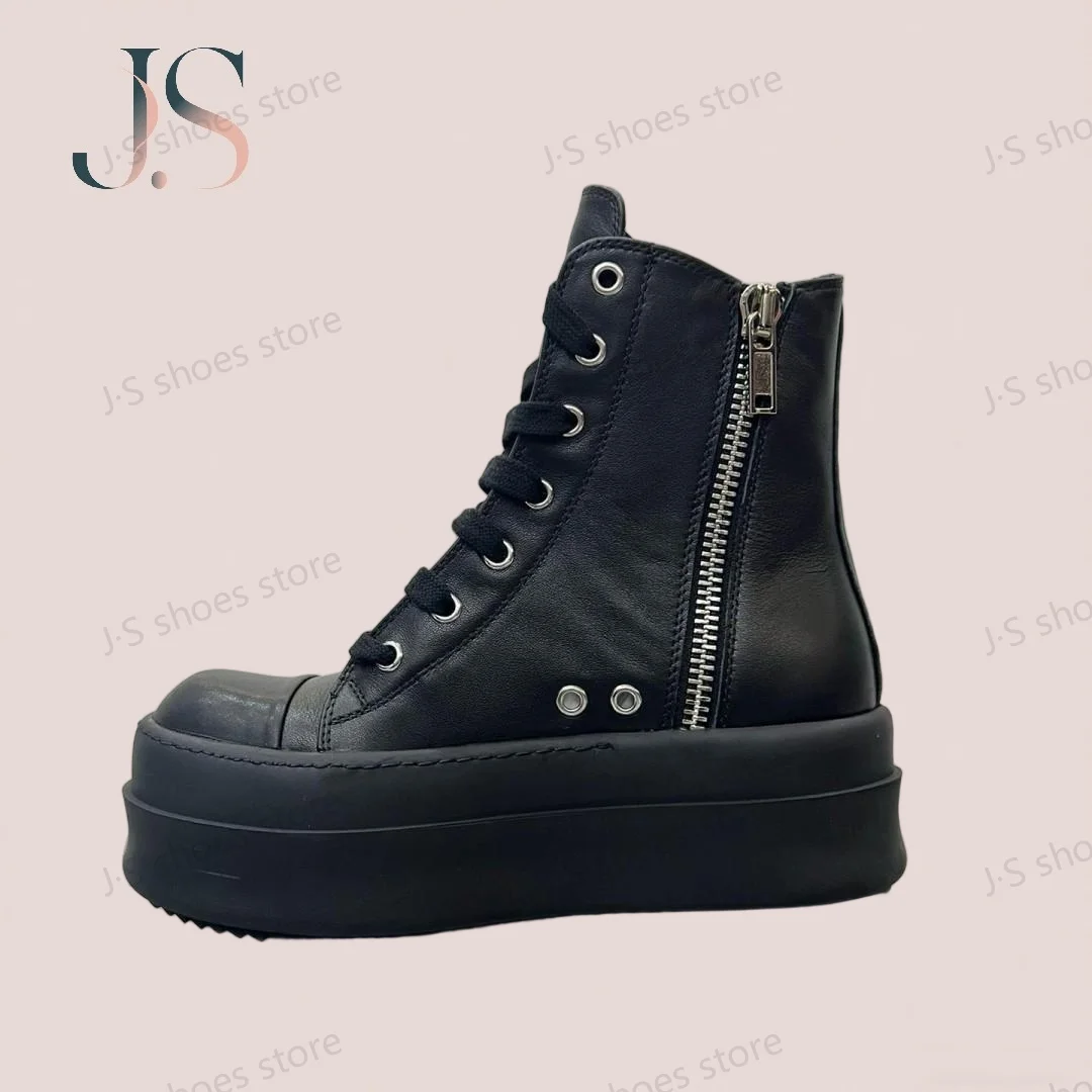 Ro Classic Herrenschuh Ankle Boot Damen Sneaker High Top Freizeitschuhe Zip Lace Up 6cm Dicke Sohle Stiefel Vollschwarze Leder Sneakers