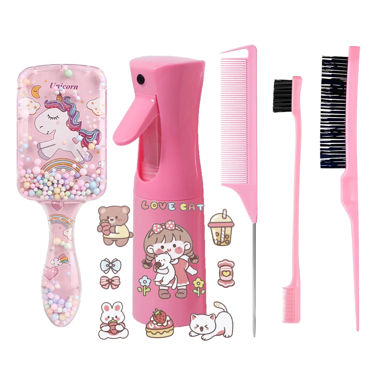 5-teiliges Haarstyling-Set, mit Sprühflasche und Multifunktions-Kammbürste, DIY-Cartoon-Aufkleber, speziell für Echthaarperücken Image