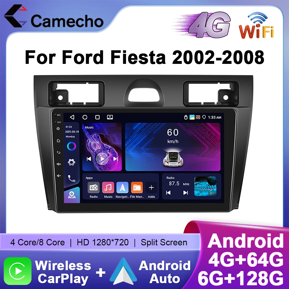 Camecho 6 + 128G Wireless CarPlay Android Auto Auto Radio für Ford Fiesta 2002-2008 GPS Stereo 4G WIFI Multimedia Autoradio Player Image