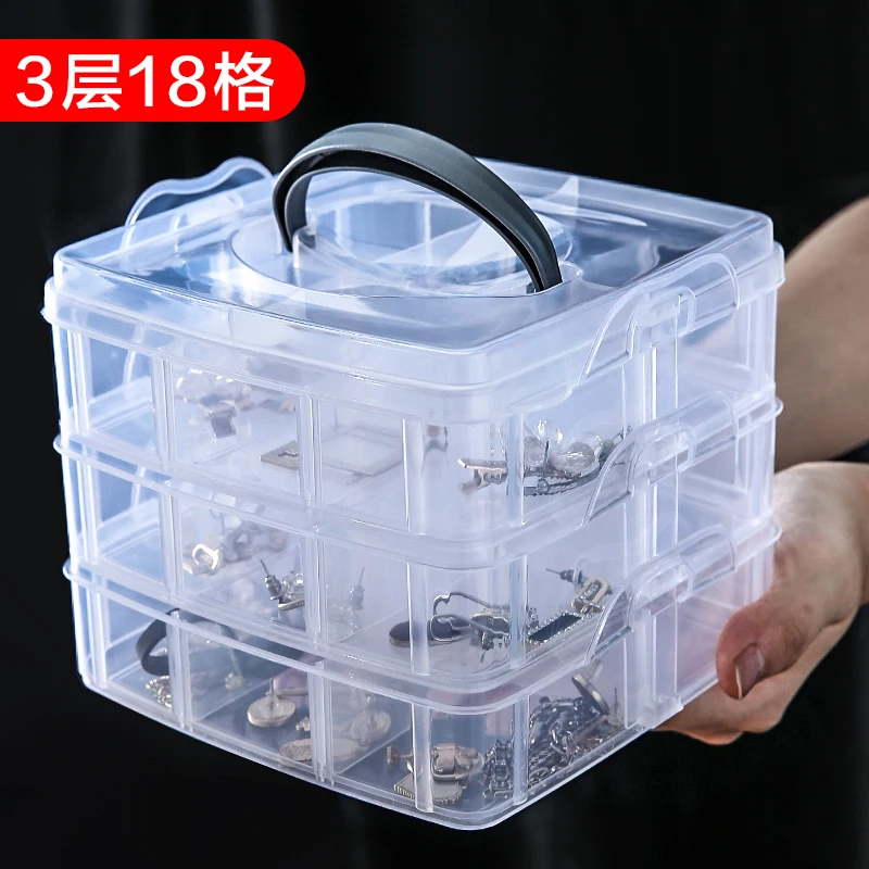 3 Schichten 18 Fächer transparente Aufbewahrungsbox Container Schmuck Perlen Organizer Fall Kunststoff leere Box Multifunktions-Werkzeugkoffer 3 La