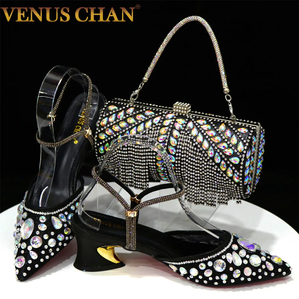 Venus Chan neueste Ins Style Spitze elegante High Heels spitzen Zehen Nigeria beliebtes Design afrikanische Damenschuhe und Tasche Set